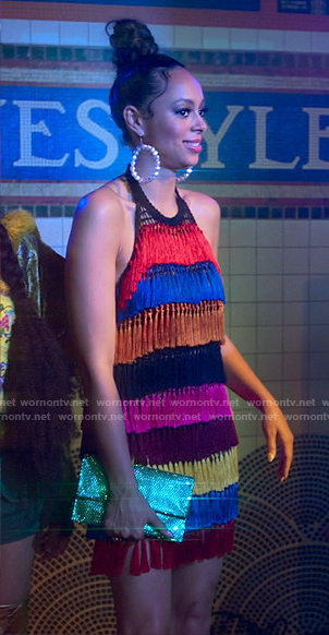 Whitney's rainbow fringed dress on Run the World