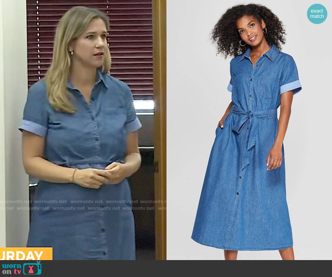 Who What Wear x Target Short Sleeve Denim Midi Shirt Dress worn by Caitlin Huey-Burns on CBS Mornings