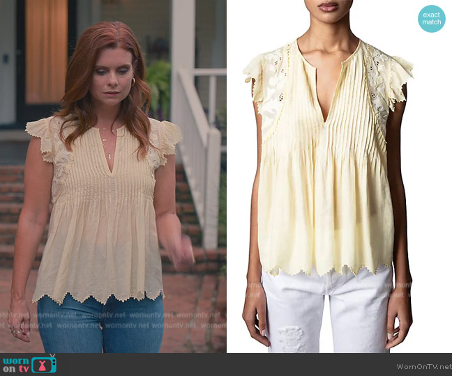 Zadig and Voltaire Tiara Tomboy Pintucked Cotton-Blend Top worn by Maddie Townsend (JoAnna Garcia Swisher) on Sweet Magnolias