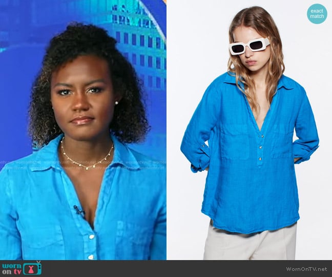 Zara Linen Shirt in Bright Turquoise worn by Janai Norman on Good Morning America