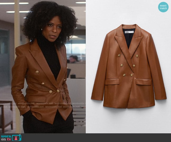 Zara Buttoned Faux Leather Blazer in Brandy worn by Beverly Crest (Leslie Silva) on So Help Me Todd