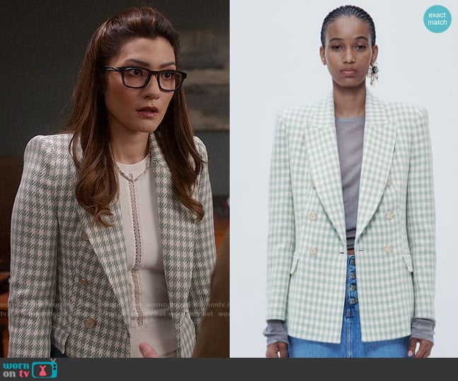 Zara Double Breasted Houndstooth Blazer in Sea Green worn by Susan (Inga Schlingmann) on So Help Me Todd