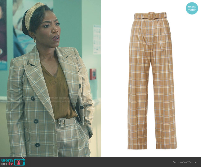 Zimmermann Belted Checked Wool Wide-Leg Pants in Sand worn by Helen Decatur (Heather Headley) on Sweet Magnolias