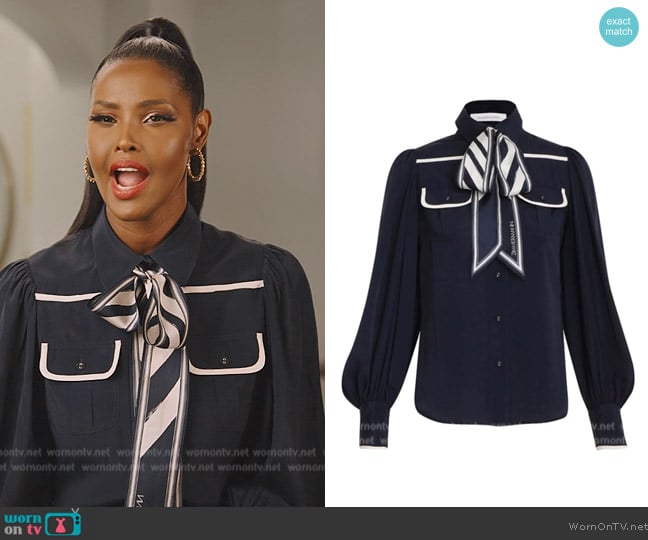 Zimmermann Navy Contrast Tie Neck Blouse worn by Ubah Hassan on The Real Housewives of New York City