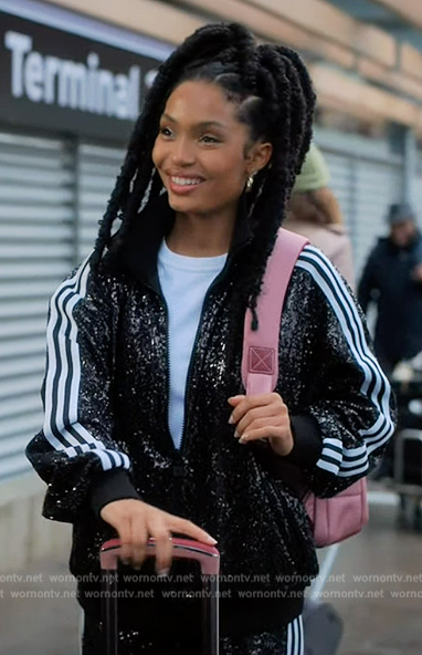 Zoey's black sequin track jacket on Grown-ish