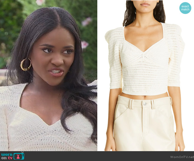 A.L.C. Gigi Pointelle Crop Sweater worn by Charity Lawson on The Bachelorette