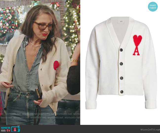 Ami Paris Embroidered Wool Cardigan worn by Jenna Lyons on The Real Housewives of New York City