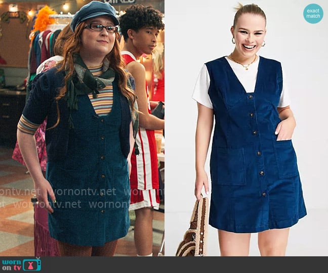 ASOS Design Mini pinafore dress in cord worn by Ashlyn (Julia Lester) on High School Musical The Musical The Series