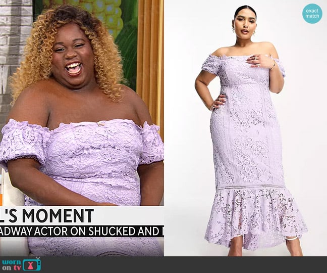 ASOS DESIGN Lace Bardot Cut Out Maxi Dress with Frill Hem in Lilac worn by Alex Newell on CBS Mornings