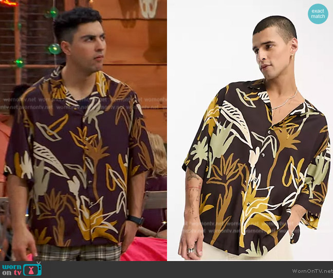 ASOS Boxy oversized shirt in brown scribble floral print worn by Parker Preston (Trevor Tordjman) on Bunkd