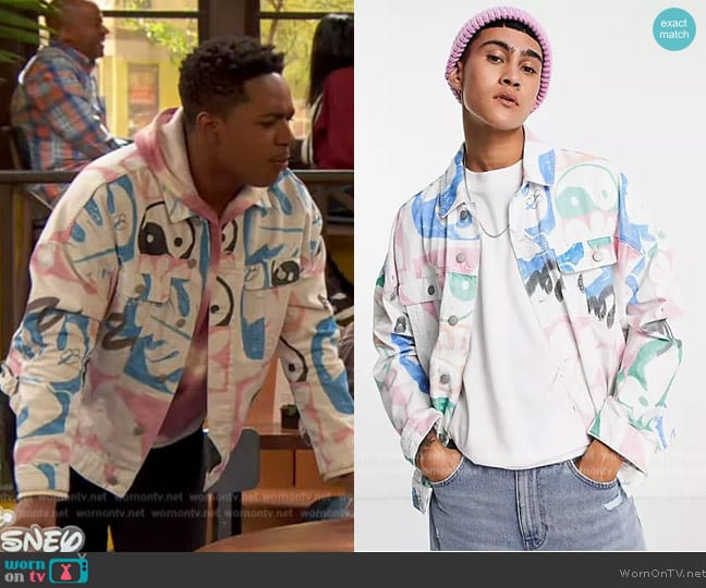 ASOS Denim jacket with graffiti print in white worn by Booker Baxter (Issac Ryan Brown) on Ravens Home