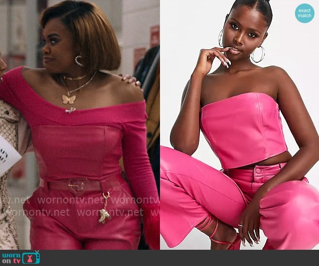 ASOS Design Faux leather corset top in pink worn by Kourtney (Dara Renee) on High School Musical The Musical The Series