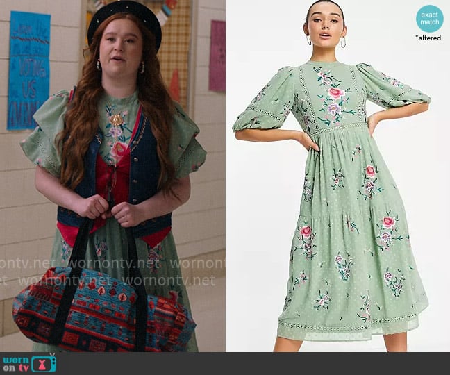 ASOS Design High neck textured embroidered midi dress with lace trims in soft green worn by Ashlyn (Julia Lester) on High School Musical The Musical The Series