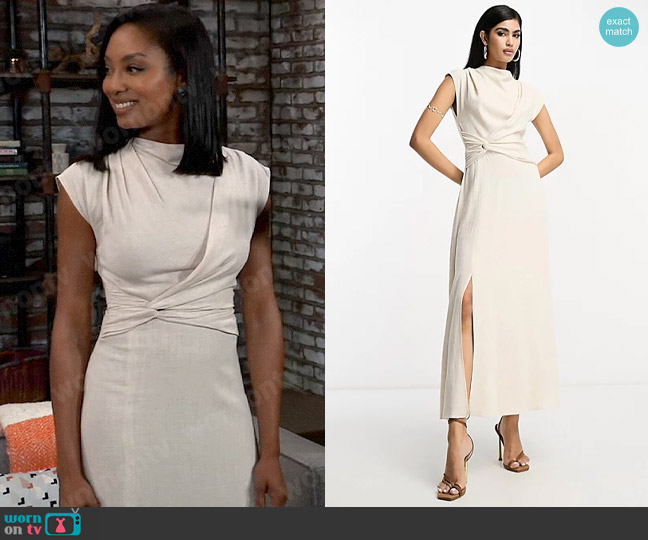 ASOS Design Linen high neck twist front midi dress in natural worn by Jordan Ashford (Tanisha Mariko Harper) on General Hospital