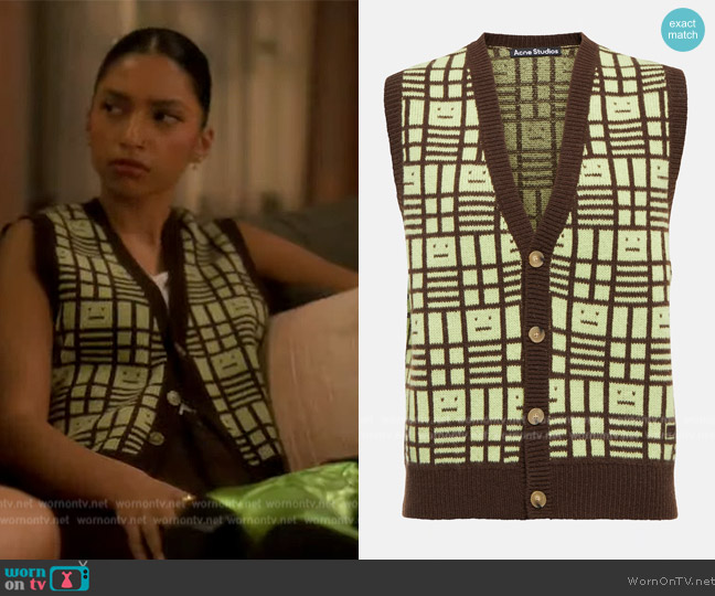 Acne Studios Kanni Face cropped wool-jacquard vest worn by Zaara (Tara Raani) on Grown-ish