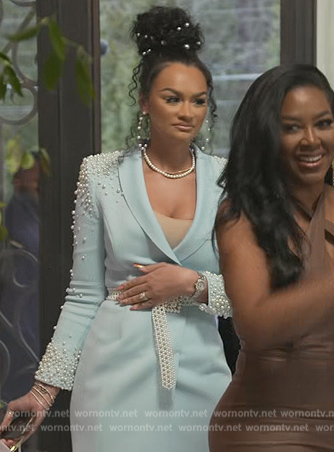 Akilah Murib Coleman's blue pearl embellished blazer dress on The Real Housewives of Atlanta