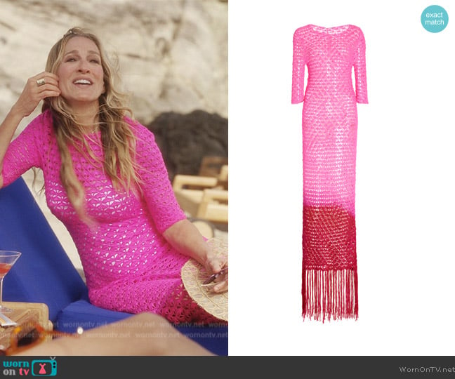 Alejandra Alonso Rojas Fringed Crochet-Silk Maxi Dress worn by Carrie Bradshaw (Sarah Jessica Parker) on And Just Like That