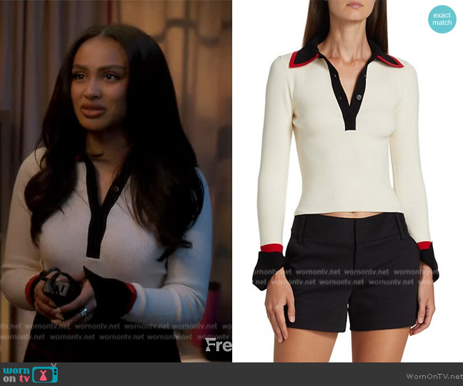 Alice + Olivia Pia Ribbed Wool Blend Polo Sweater worn by Kiela (Daniella Perkins) on Grown-ish