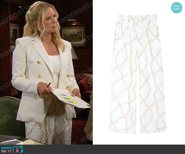 Anine Bing Carrie Chain-Link Printed Wide-Leg Pants worn by Brooke Logan (Katherine Kelly Lang) on The Bold and the Beautiful