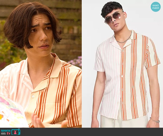 Another Influence Short sleeve striped shirt in beige & pink worn by Tao Xu (William Gao) on Heartstopper