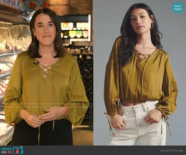 Anthropologie Lace-Up V-Neck Blouse worn by Maggie Vespa on Today