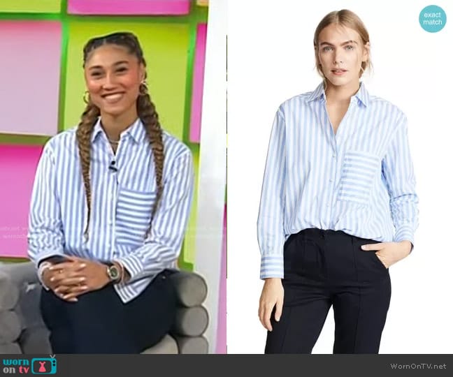 Ayr The Deep End Button Down Shirt in Blue/White worn by Ally Love on Today