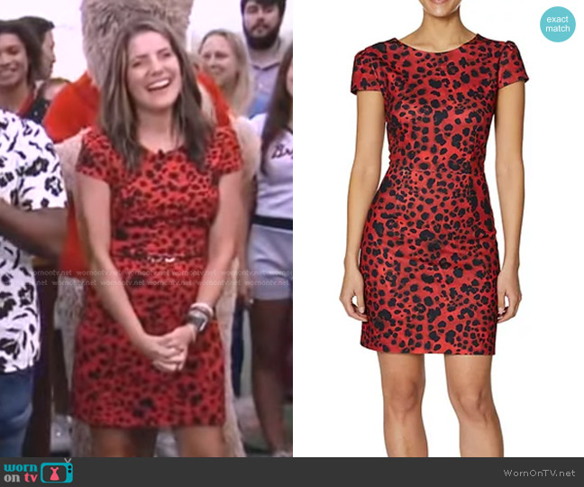 Betsey Johnson Printed Short Sleeve Sheath Dress in Red Leopard worn by Alison Mastrangelo on Good Morning America