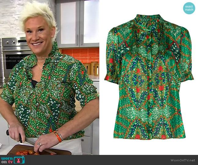 Ba&Sh Short Sleeve Floral Print Blouse in Green worn by Anne Burrell on Today