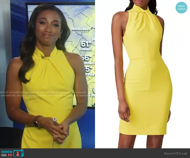 Black Halo Zana Sheath in Yellow worn by Brittany Bell on Good Morning America