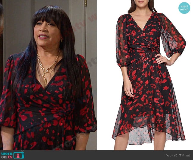 DKNY Faux-Wrap Fit & Flare Dress in Painted Animal Black/Elegant Red worn by Paulina Price (Jackée Harry) on Days of our Lives