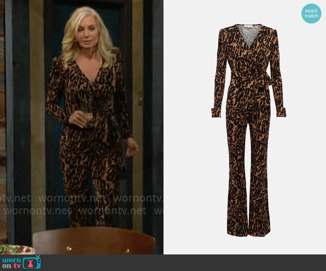 Diane von Furstenberg V-neck tie-waist jumpsuit worn by Ashley Abbott (Eileen Davidson) on The Young and the Restless