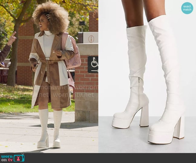 Ego Best Nights  Platform Knee Boots in Cream PU worn by Kourtney (Dara Renee) on High School Musical The Musical The Series