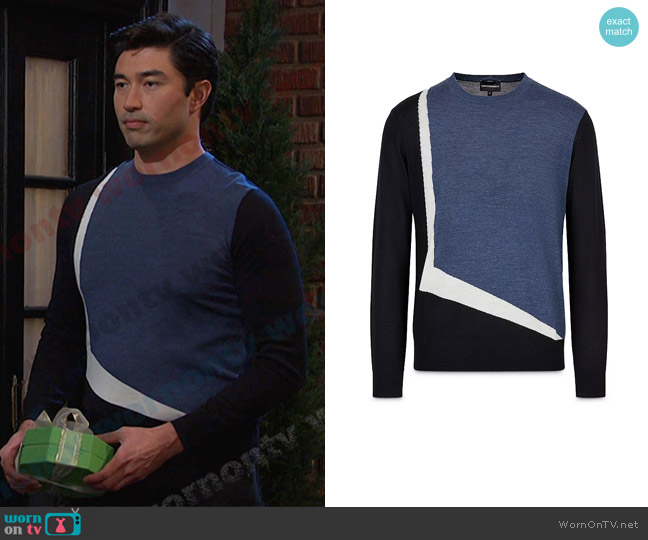 Emporio Armani Wool Color Block Sweater worn by Li Shin (Remington Hoffman) on Days of our Lives