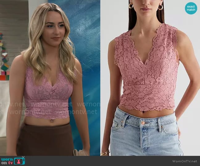 Express Lace V-Neck Smocked Back Tank in Pink worn by Josslyn Jacks (Eden McCoy) on General Hospital