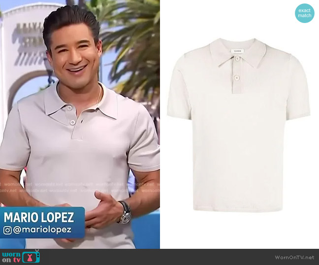 Sandro Fine-Knit Short-Sleeve Polo Shirt worn by Mario Lopez on Access Hollywood