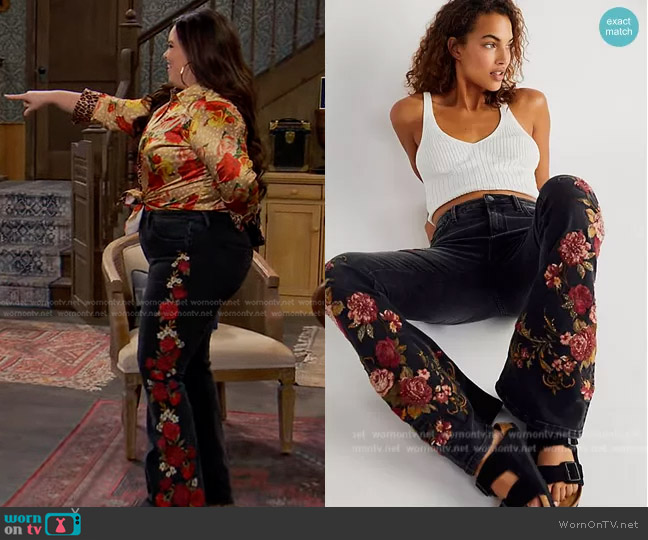 Free People Farrah Embroidered Flare Jeans worn by Lou Hockhauser (Miranda May) on Bunkd