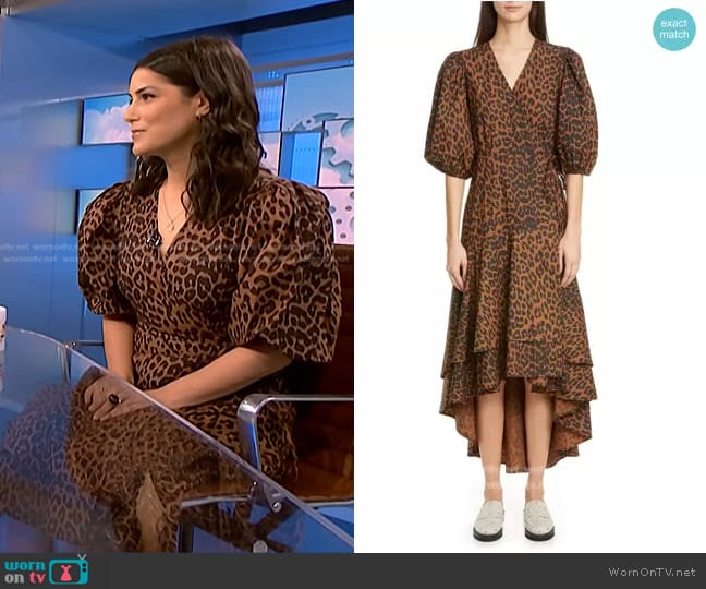 Ganni Leopard-print cotton wrap dress worn by Katie Horwitch on NBC News Daily