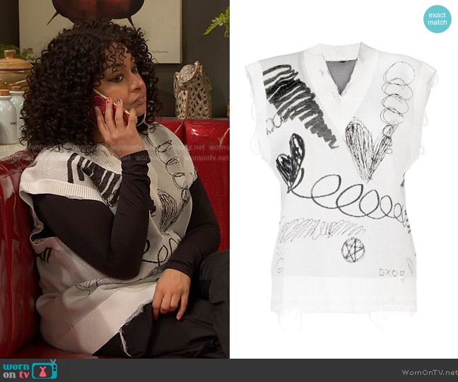 Raven’s white printed distressed sweater vest on Ravens Home