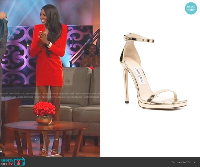 Jimmy Choo Alva Metallic Ankle-Strap Sandals worn by Charity Lawson on The Bachelorette