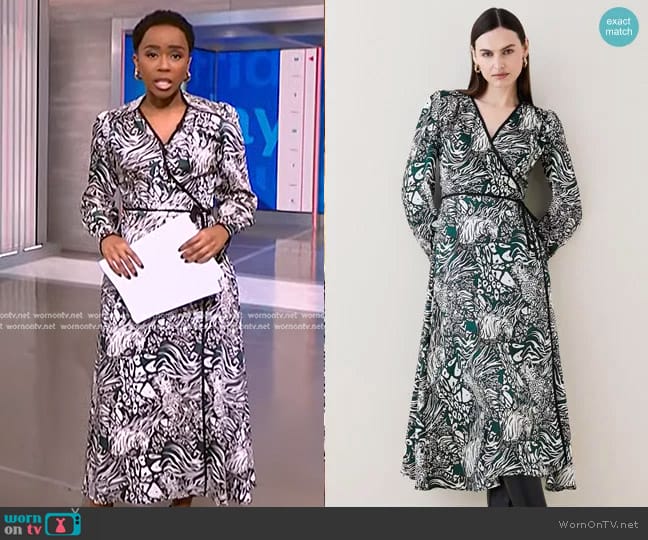 Karen Millen Animal Satin Twill Wrap Midi Dress worn by Zinhle Essamuah on NBC News Daily