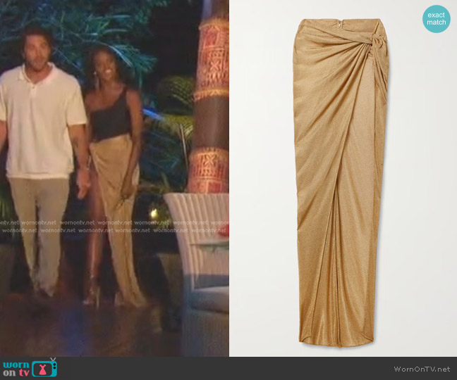 LaQuan Smith Knotted Metallic Knitted Maxi Skirt worn by Charity Lawson on The Bachelorette