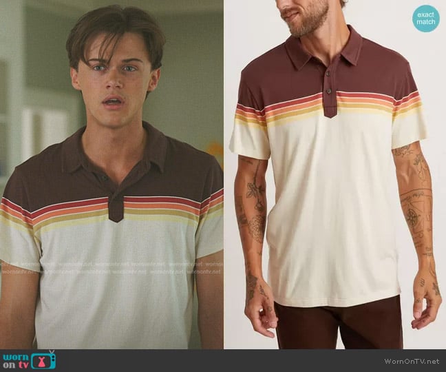 Marine Layer Nicasio Short Sleeve Striped Polo in Sunset Stripe worn by Conrad (Christopher Briney) on The Summer I Turned Pretty