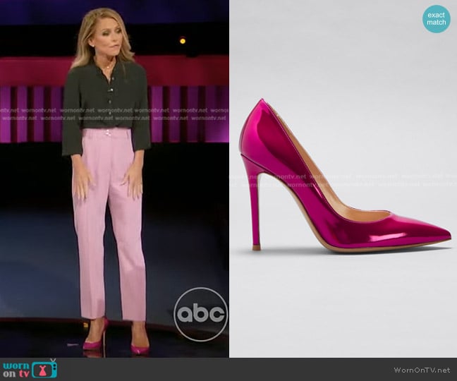 Gianvito Rossi Mirror Calfskin Stiletto Pumps in Bloom worn by Kelly Ripa on Generation Gap