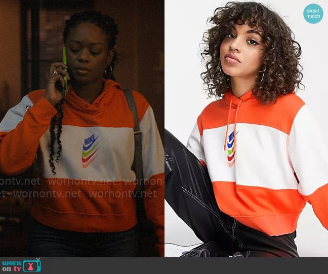 Nike DNA logo fleece hoodie in orange worn by Izzy Letts (Jazz Raycole) on The Lincoln Lawyer