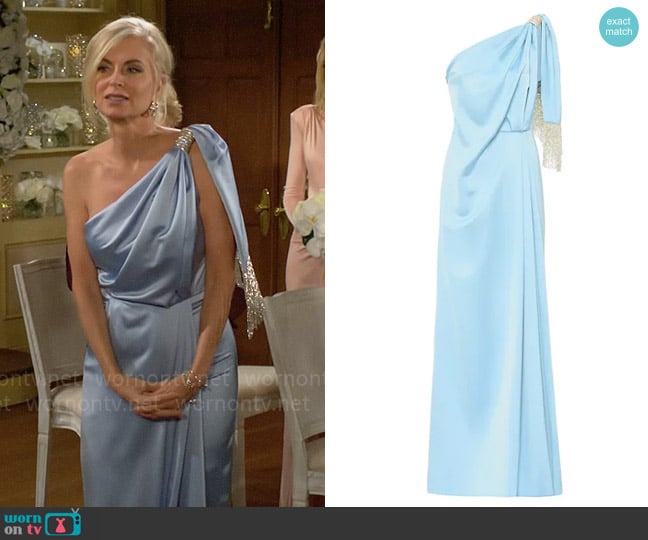 Ozgur Masur Fringe Draped Satin Column Gown worn by Ashley Abbott (Eileen Davidson) on The Young and the Restless