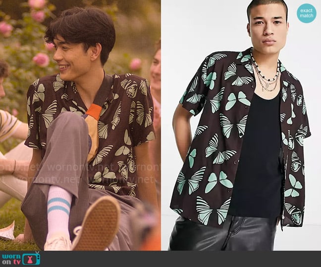 Reclaimed Vintage Inspired Revere shirt in butterfly print worn by Tao Xu (William Gao) on Heartstopper