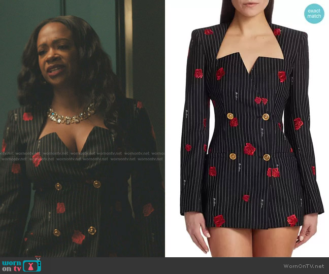 Versace Rose-Print Pinstripe Double Breasted Jacket worn by  Roselyn Perry (Kandi Burruss) on The Chi