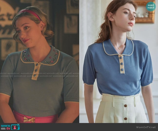 Shein Simple Retro Contrast Trim Polo Neck Top worn by Betty Cooper (Lili Reinhart) on Riverdale