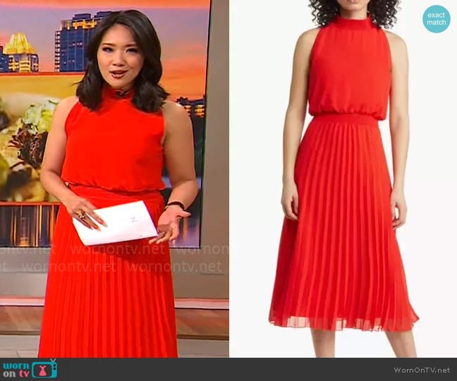 Sam Edelman Smocked Pleat Sleeveless Midi Dress worn by Nancy Chen on CBS Mornings