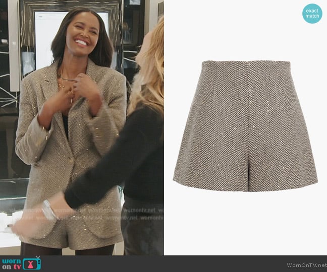 Sandro Sequin-embellished herringbone woven shorts worn by Ubah Hassan on The Real Housewives of New York City